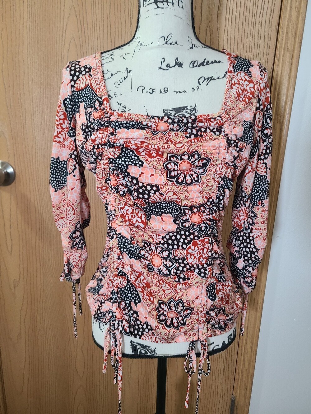 Serenade Boho Leaf Floral Print Drawstring Ruched Y2k Square Neck Top